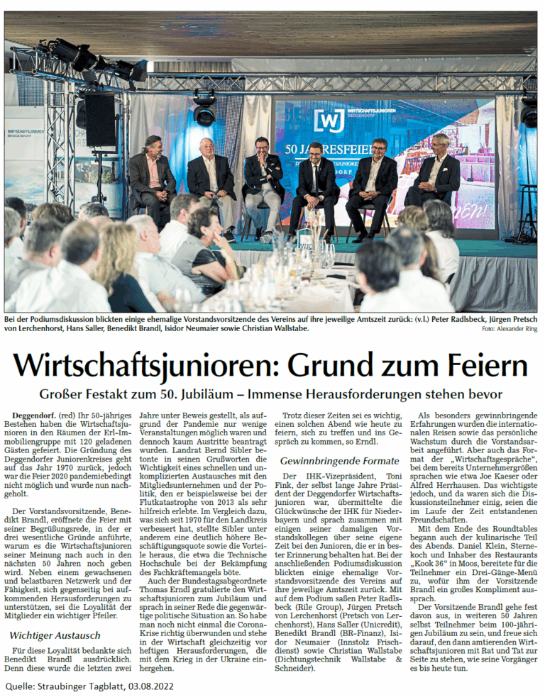 Wirtschaftsjunioren Deggendorf, Grund zum Feier. Großer Festakt zum 50-jährige Jubiläum. Presseartikel in Straubinger Tagblatt. Der Vorsitzende Benedikt Brandl eröffente die Feier mit seiner Begrüßungsrede, in der er drei wesentliche Gründe für das weitere Bestehen des Vereins anführte.