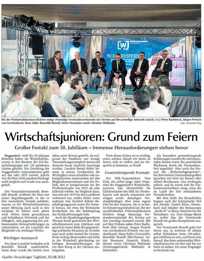Wirtschaftsjunioren Deggendorf, Grund zum Feier. Großer Festakt zum 50-jährige Jubiläum. Presseartikel in Straubinger Tagblatt. Der Vorsitzende Benedikt Brandl eröffente die Feier mit seiner Begrüßungsrede, in der er drei wesentliche Gründe für das weitere Bestehen des Vereins anführte.